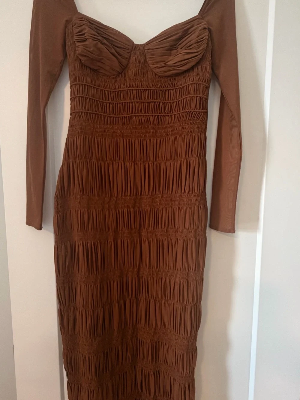 Self-Portrait Sheer-Sleeve Ruched Midi Dress Size 2 - Picture 3 of 5